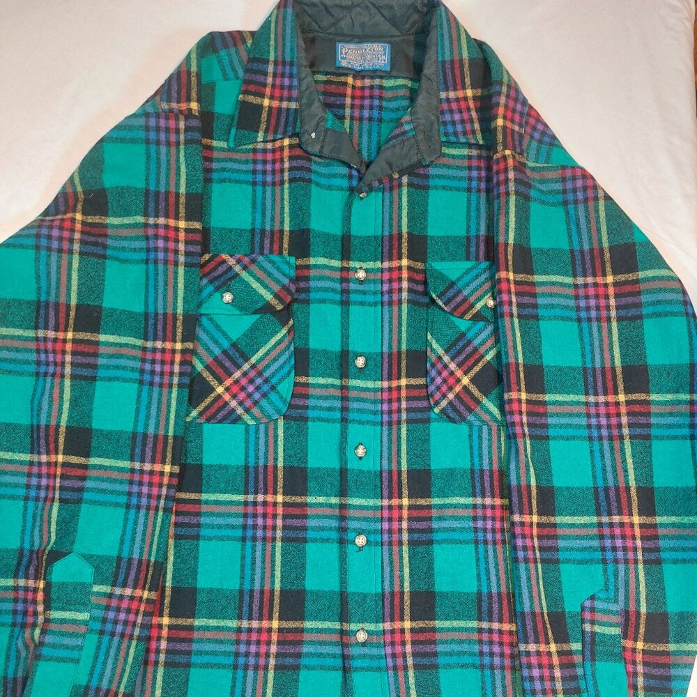 Pendleton Teal Plaid Button-Down Shirt with Rainbow and Black Accents